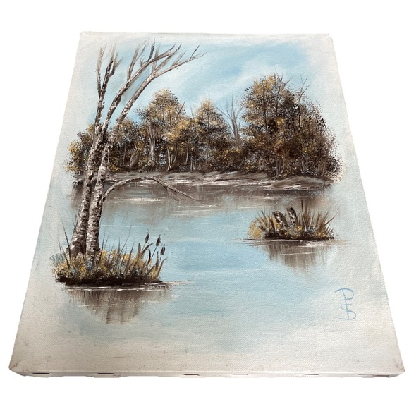 Scenic Landscape Canvas Art Vintage 90's Fredrix Frame Artist Signed Lake Nature - Picture 8 of 8